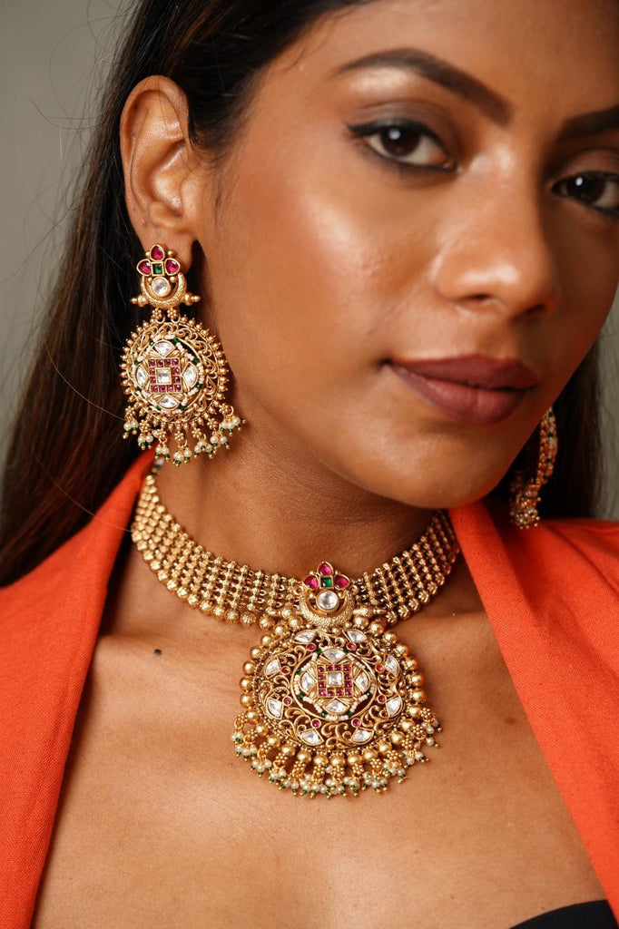 Gold tone pink stone green mango big Lakshmi pendant Kerala style neck –  dreamjwell